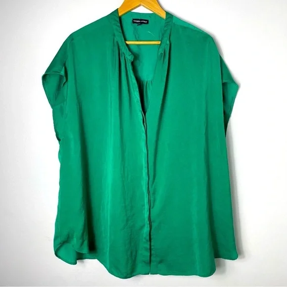 Modern Works short cap sleeves solid green top blouse 2X - Picture 1 of 8